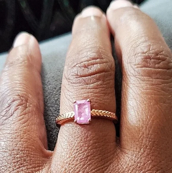 Ilakaka Pink Sapphire Emerald Cut Solitaire Ring Rose Gold Size 8 - Picture 3 of 7